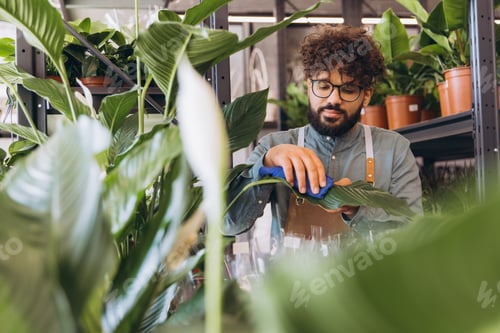 Preview: Male florist wiping plant leaf in a modern flower shop, taking care of green houseplant for sale