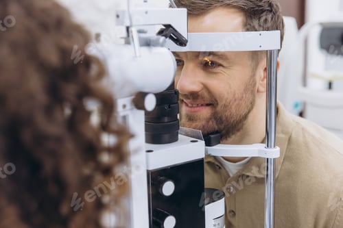 Preview: Male patient undergoing an eye examination with a slit lamp by an optometrist, focusing on eye healt