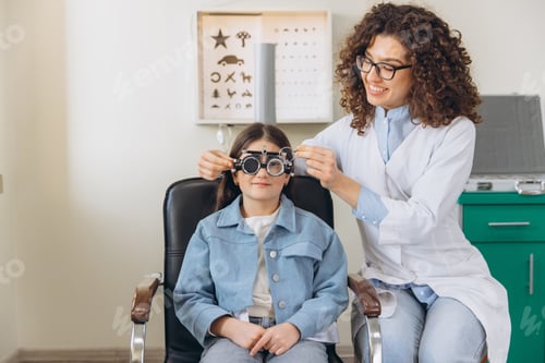 Preview: Optometrist conducting a vision test on a young girl using a trial frame at an ophthalmology clinic