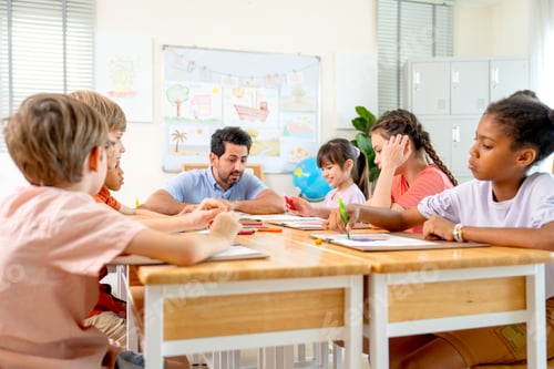 Preview: The teacher stay on head of the table and explain about draw and paint classroom before the children