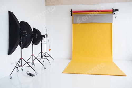 Preview: Photographing studio with light set up, modern lightning equipment for making high quality photos. P