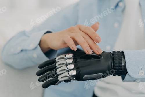 Preview: Female turns on high tech prosthetic hand, artificial limb. Advertising of bionic prosthesis