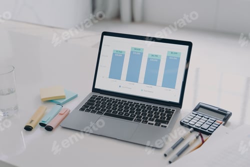 Preview: Laptop screen with bars of graphs on display. Data analysis and company growth concept.