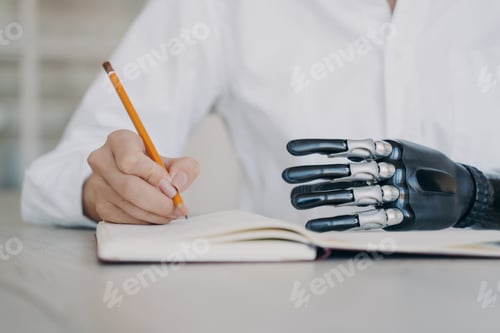 Preview: Disabled female writing with pencil in notebook, using bionic prosthetic arm, closeup. Medical tech