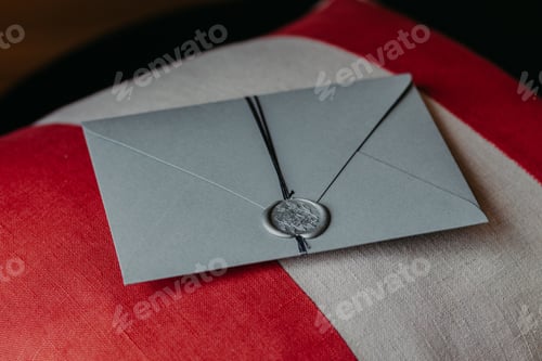 Preview: Close Up of Gray Wax Sealed Envelope on Red and Beige Fabric Surface for Elegant Invitation, Formal