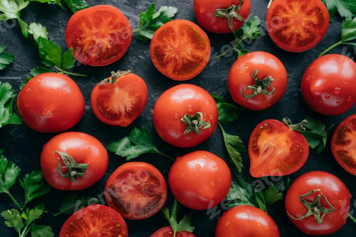 Preview: Fresh ripe tomatoes whole and sliced with parsley herbs on dark slate background