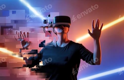Preview: Futuristic Woman Exploring Virtual Reality with Pixelated Glitch Effect and Neon Lights