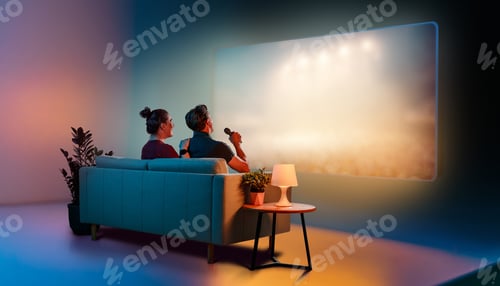 Preview: Couple Enjoying Home Entertainment System Watching Large Screen