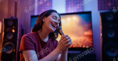Preview: Woman Singing Karaoke at Home with Microphone in Modern Entertainment Room