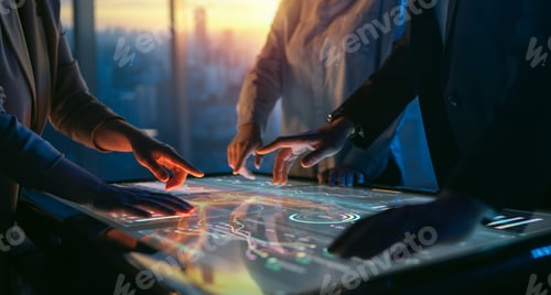 Preview: Business Team Collaborating on Futuristic Interactive Touchscreen