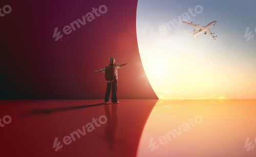 Preview: Traveler Welcoming Adventure as Airplane Takes Off into Sunset
