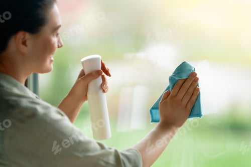 Preview: Happy Woman Cleaning Glass Window with Spray and Microfiber Cloth in Daylight Home Interior