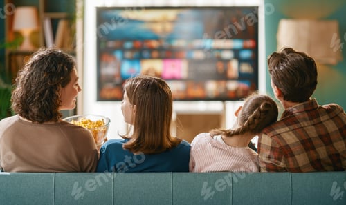 Preview: Happy Family Watching TV Together at Home with Popcorn in Cozy Living Room