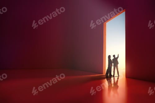 Preview: Silhouetted Business People Entering Bright Future Through Doorway, Abstract Minimalist Concept