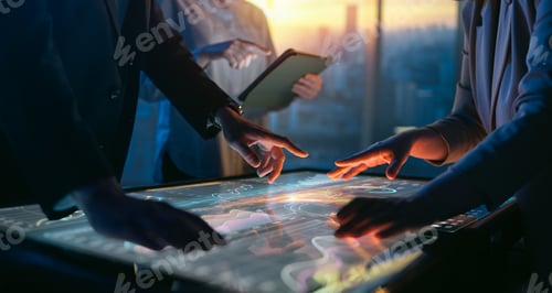 Preview: Business Team Collaborating with Futuristic Interactive Touchscreen Tablet in Modern Office