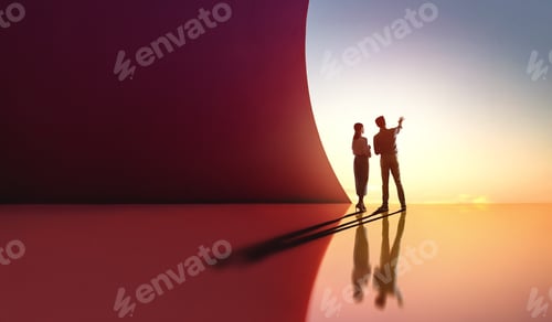 Preview: Business Team Silhouette in Futuristic Abstract Space at Sunset ? Visionary Leadership and Collabora
