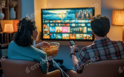 Preview: Couple Relaxing at Home Watching Streaming TV and Eating Popcorn in Cozy Living Room