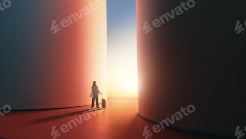 Preview: Woman Standing with Suitcase at Gateway to Light, Symbolizing New Journey and Opportunity