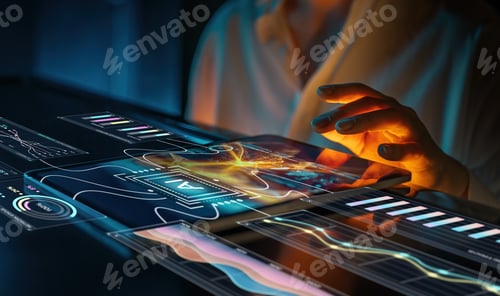 Preview: Futuristic Businesswoman Interacting with Artificial Intelligence Dashboard and Digital Analytics