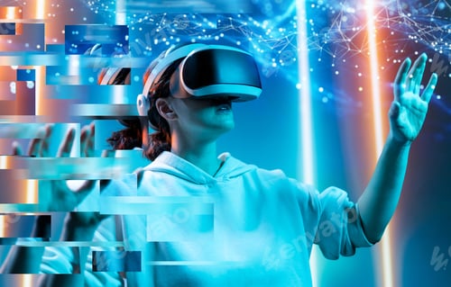 Preview: Futuristic Woman Experiencing Virtual Reality in Digital Metaverce