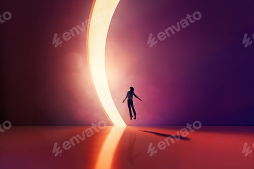 Preview: Woman Floating Towards Glowing Portal in Surreal Futuristic Space, Purple and Orange Light