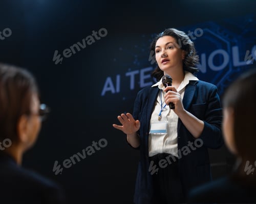 Preview: Confident Businesswoman Presenting AI Technology at Conference