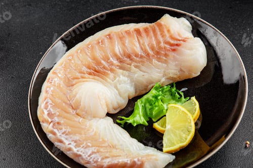Preview: Cod fillet, raw fish seafood tasty snack fresh pescetarian diet gourmet food background on the table
