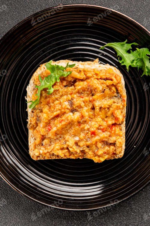 Preview: Smorrebrod seafood open sandwich fish filling tasty snack fresh, delicious, gourmet food background