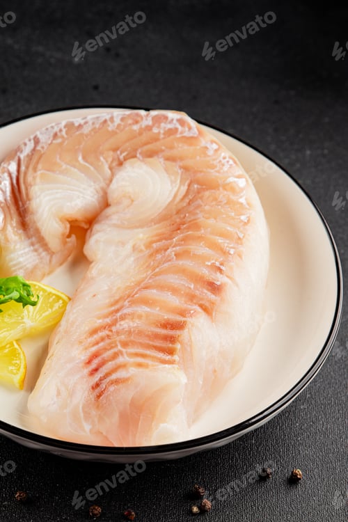 Preview: Cod fillet, raw fish seafood tasty snack fresh pescetarian diet gourmet food background on the table