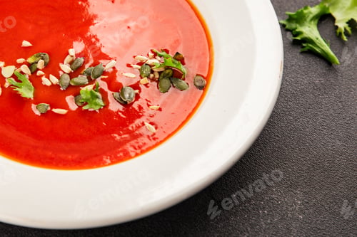 Preview: Tomato soup first course vegetable, tomato, spices tasty snack fresh delicious gourmet food backgrou