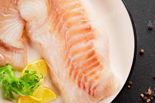 Preview: Cod fillet, raw fish seafood tasty snack fresh pescetarian diet gourmet food background on the table