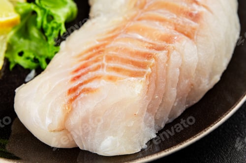 Preview: Cod fillet, raw fish seafood tasty snack fresh pescetarian diet gourmet food background on the table