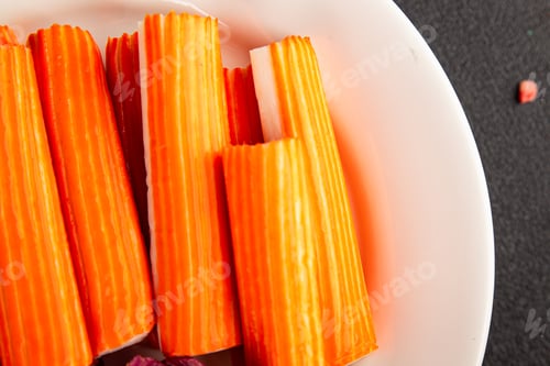 Preview: Crab sticks seafood lunch or dinner tasty snack fresh delicious gourmet food background on the table