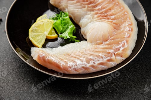 Preview: Cod fillet, raw fish seafood tasty snack fresh pescetarian diet gourmet food background on the table