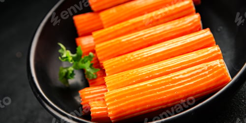 Preview: Crab sticks seafood lunch or dinner tasty snack fresh delicious gourmet food background on the table