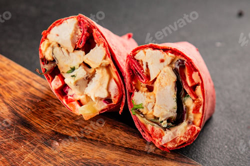 Preview: Shawarma wrap chicken and vegetables pink lavash doner kebab tasty snack fresh gourmet food backgrou