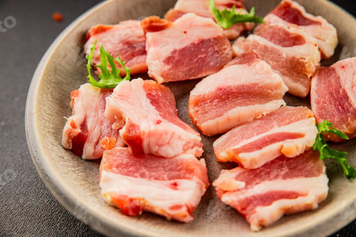 Preview: Pork belly slices pork lard meat dish tasty snack fresh natural delicious, gourmet food background o