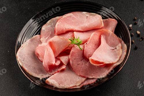 Preview: Smoked Pork Loin Bacon Pork Meat Tasty Snack Fresh Gourmet Food Background on the Table Rustic Food