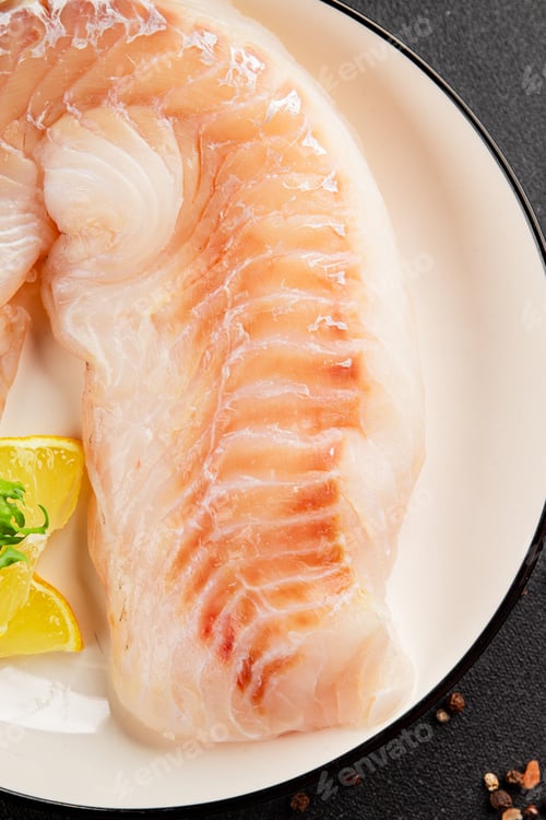 Preview: Cod fillet, raw fish seafood tasty snack fresh pescetarian diet gourmet food background on the table