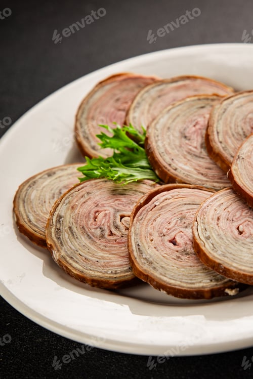 Preview: Andouille de Guemene sausage, French cuisine sliced smoked sausages casings meat, food food preparat