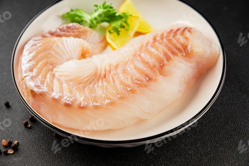Preview: Cod fillet, raw fish seafood tasty snack fresh pescetarian diet gourmet food background on the table