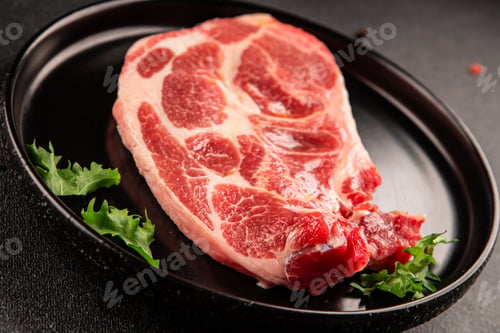 Preview: Pork steak raw meat fresh meat dish tasty snack delicious gourmet food, background on the table rust