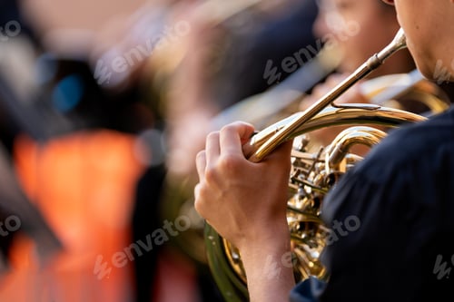 Preview: Young musician playing french horn brass instrument in a street concert