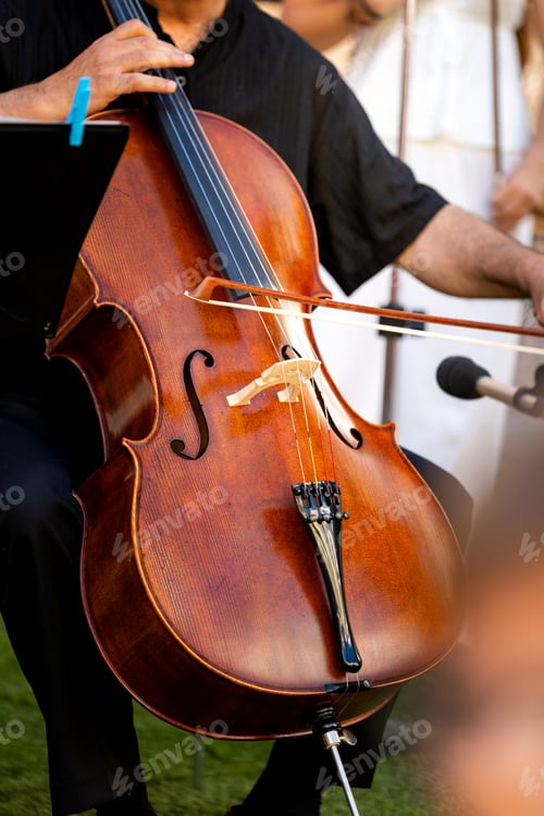 Preview: Musician performing cello at outdoor classical music concert