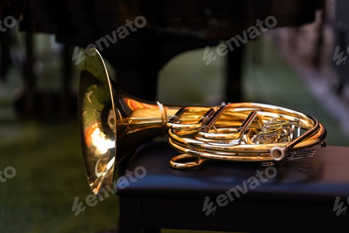 Preview: French horn resting on a bench, ready for a street concert performance