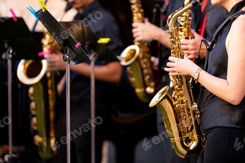 Preview: Street musicians performing live during a brass band concert in spain