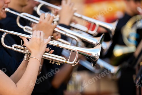 Preview: Young spanish musicians performing lively brass music in a street concert