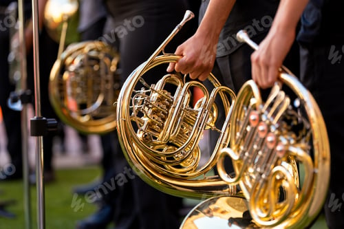 Preview: Musicians holding french horns during a street concert preparing to perform