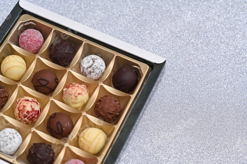 Preview: Chocolate candies placed neatly in square box viewed from above.
