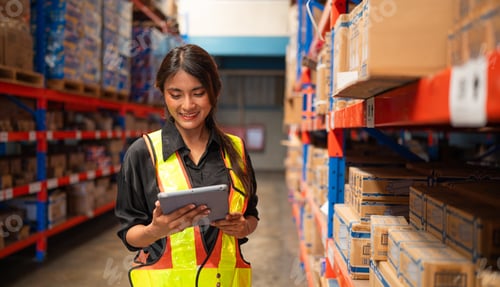 Preview: Portrait of female staff with holding clipboard working in warehouse, Industrial and industrial work